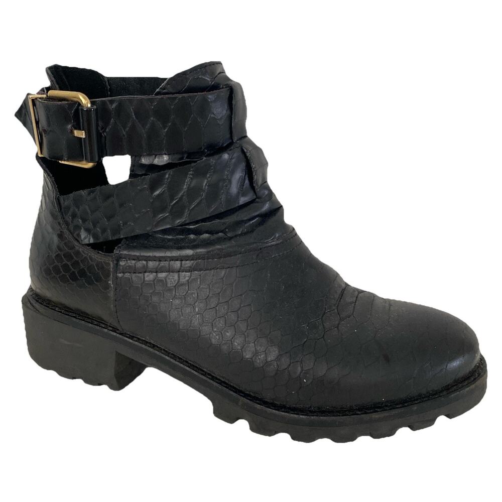 Miista Croc Embossed Ankle Boot Black Leather Round Toe Gold Buckle 37 6.5